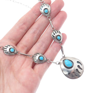 SELENA JAKE Old Pawn 925 Sterling Silver Turquoise Bear Paw Chain Necklace 18"
