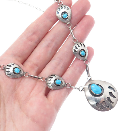 SELENA JAKE Old Pawn 925 Sterling Silver Turquoise Bear Paw Chain Necklace 18"