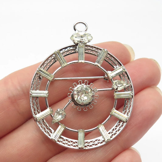 925 Sterling Silver Antique Sharon Creations Rhinestone Clock Pin Brooch/Pendant