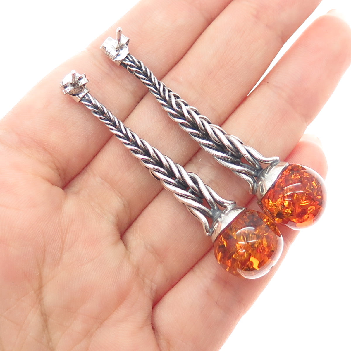 925 Sterling Silver Vintage Poland Real Amber Modernist Drop Dangle Earrings