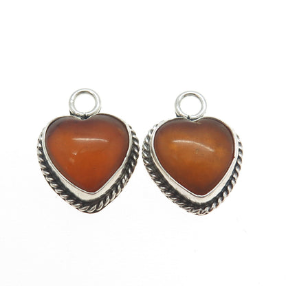 925 Sterling Silver Vintage Real Fire Amber Heart Jacket Earrings