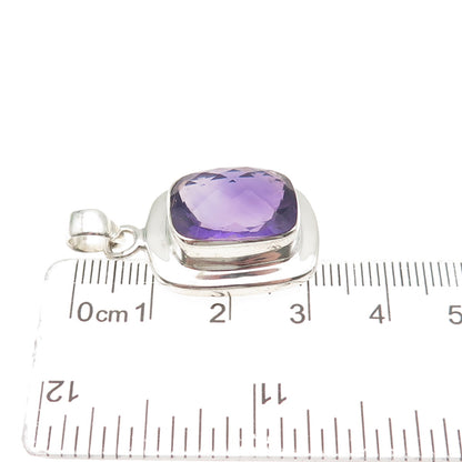 925 Sterling Silver Vintage Real Cushion-Cut Amethyst Charm Pendant
