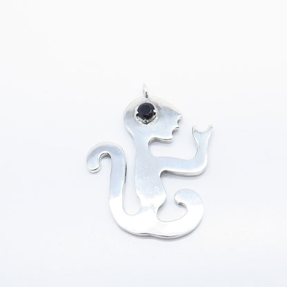 925 Sterling Silver Vintage Real Red Garnet Gemstone Monkey Pendant