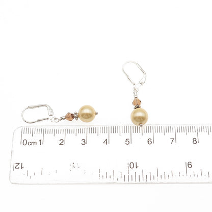 925 Sterling Silver Vintage Real Smoky Quartz & Faux Pearl Dangle Earrings