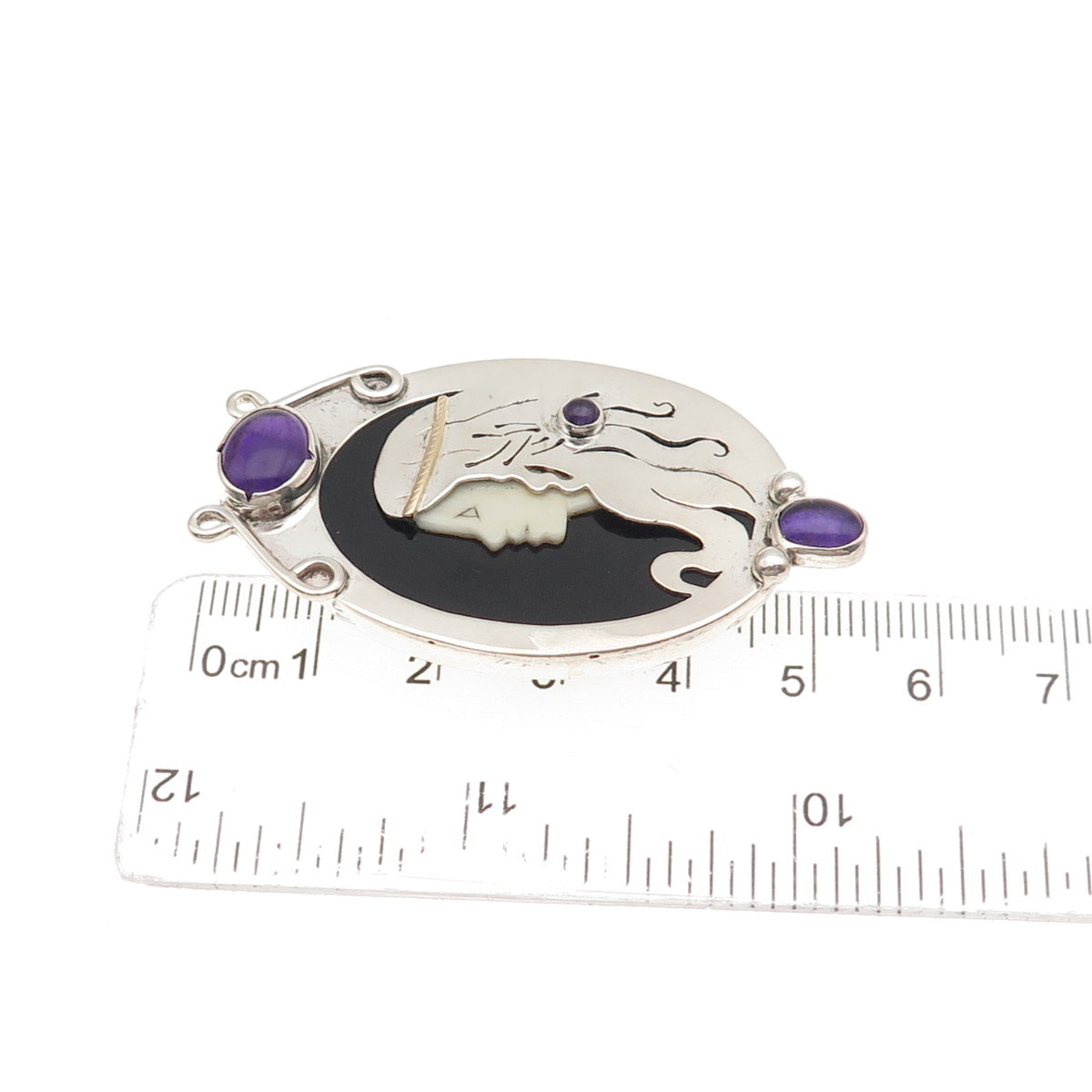 925 Sterling Silver Vintage Real Amethyst & Black Onyx Lady Centerpiece Pendant