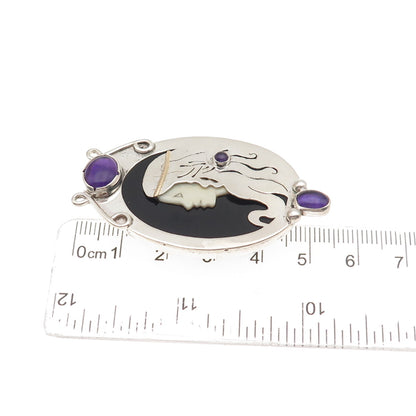 925 Sterling Silver Vintage Real Amethyst & Black Onyx Lady Centerpiece Pendant