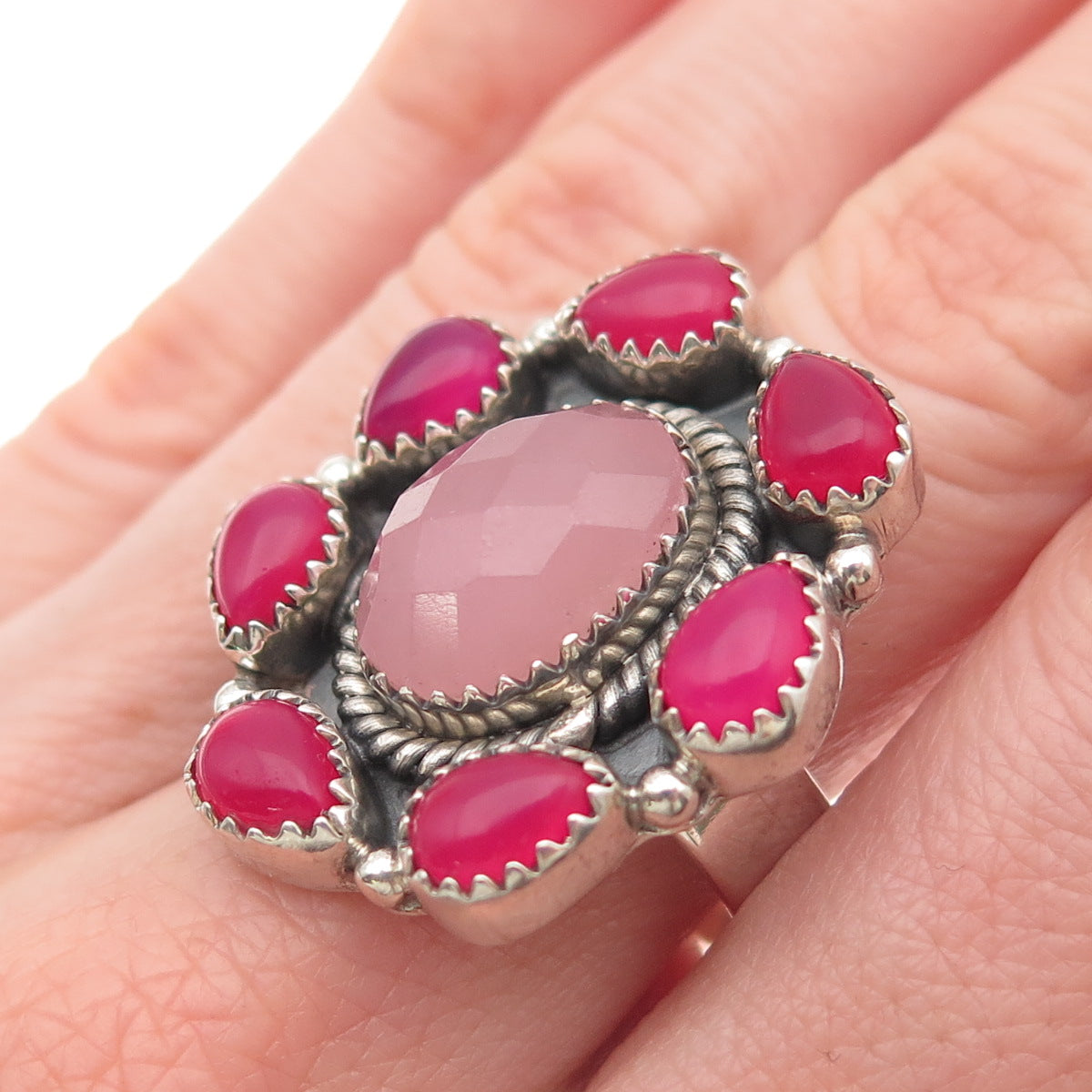 925 Sterling Silver Vintage Real Rose Quartz Pink Onyx Adjustable Ring Size 8.25