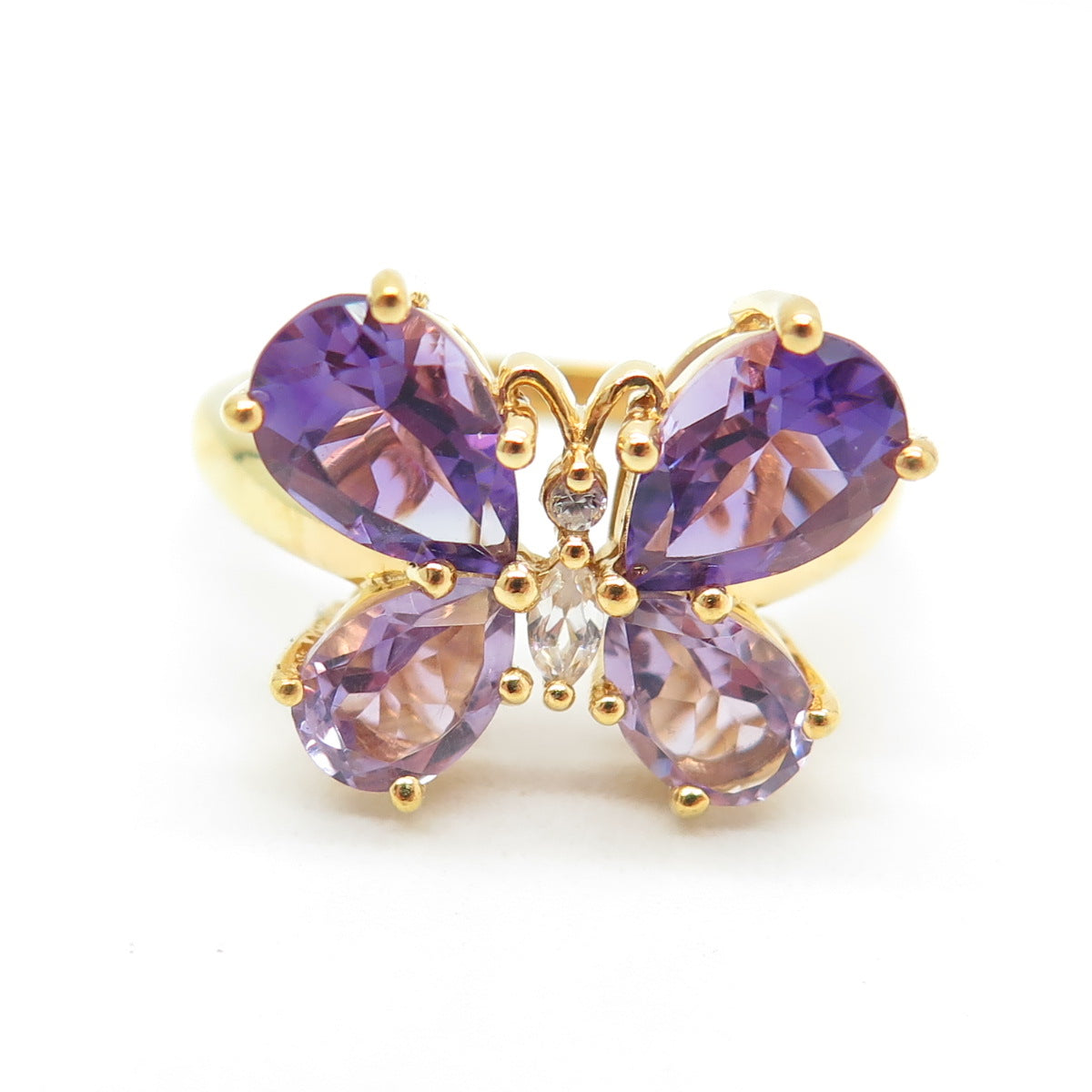 925 Sterling Silver Gold Plated Topaz & Amethyst Gem Butterfly Ring Size 10.25