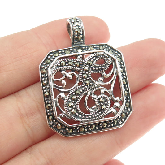 925 Sterling Silver Vintage Real Marcasite Gemstone Ornate Pendant