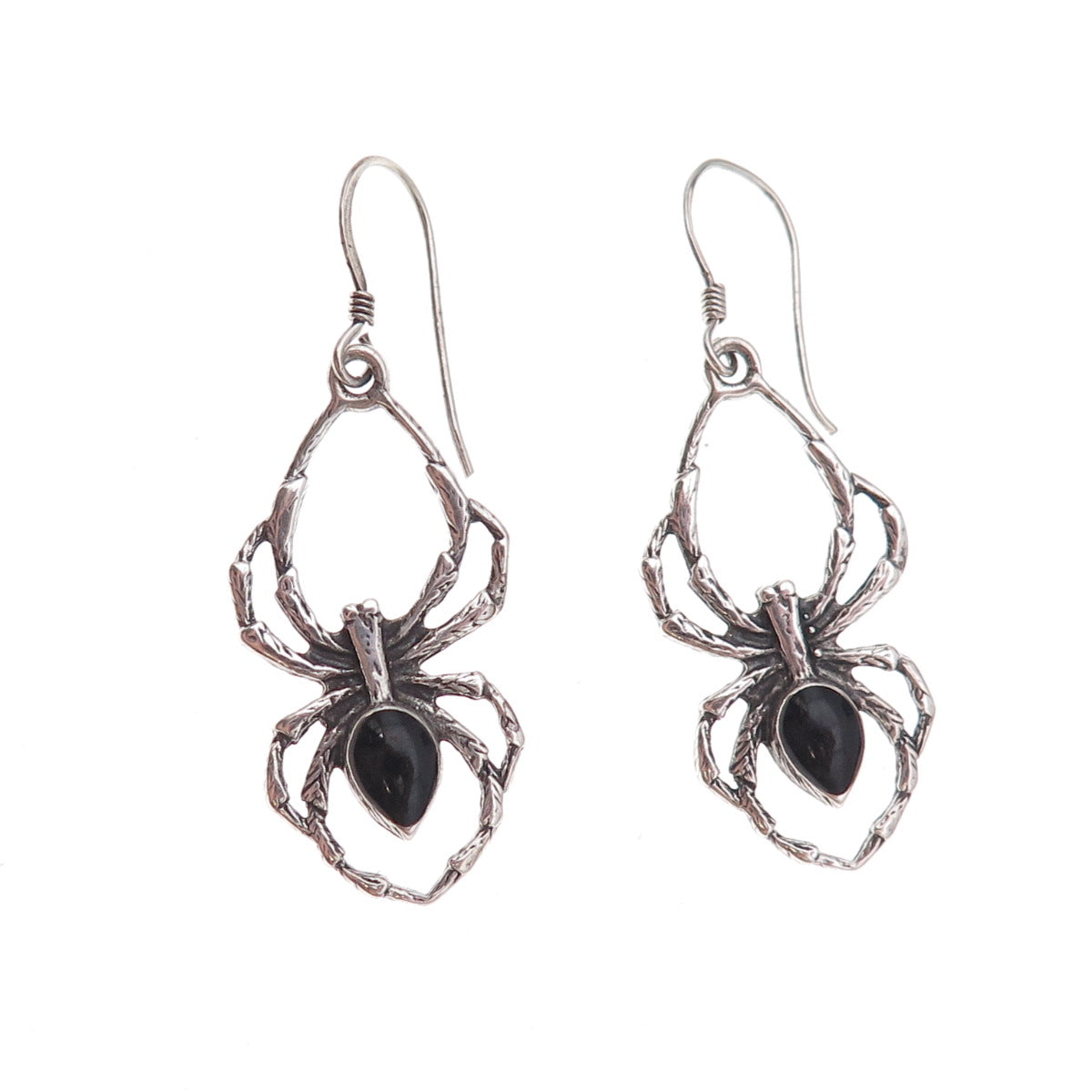 925 Sterling Silver Vintage Real Black Onyx Spider Oxidized Dangle Earrings