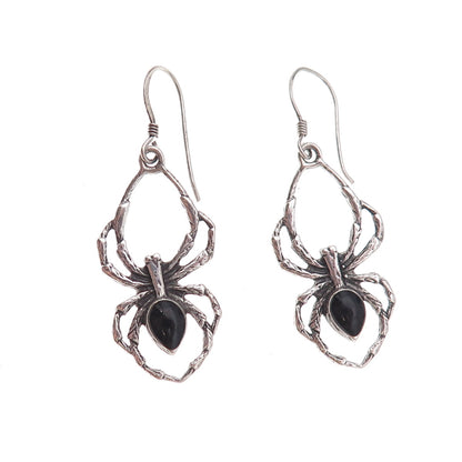 925 Sterling Silver Vintage Real Black Onyx Spider Oxidized Dangle Earrings