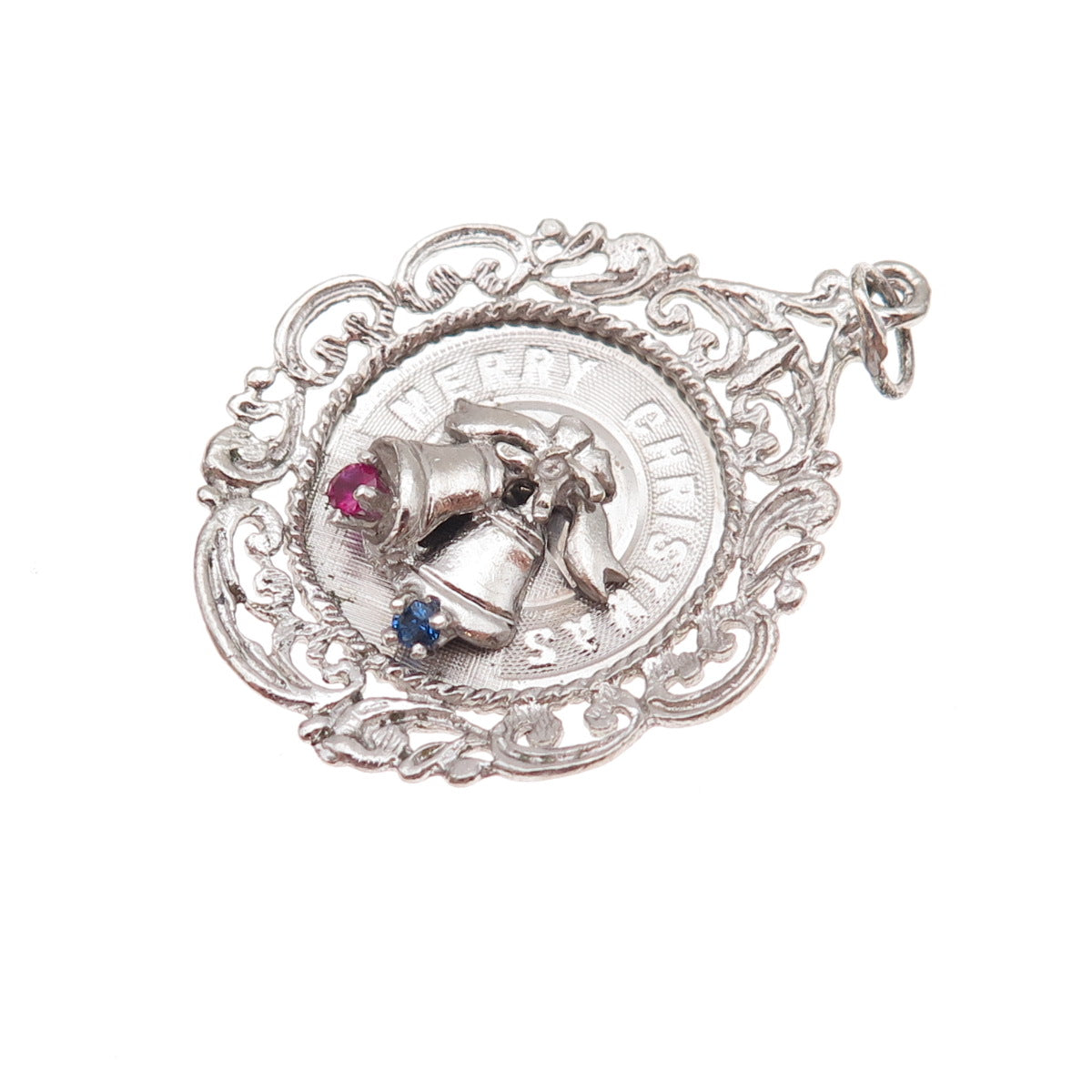 925 Sterling Silver Vintage Rhinestone Merry Christmas Bells Charm Pendant