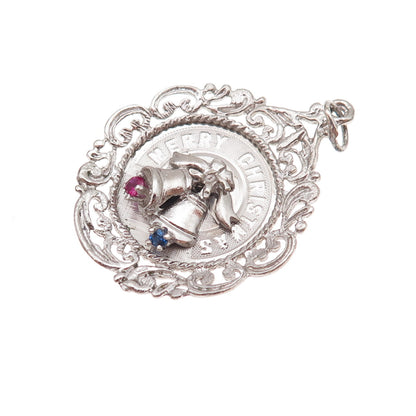 925 Sterling Silver Vintage Rhinestone Merry Christmas Bells Charm Pendant