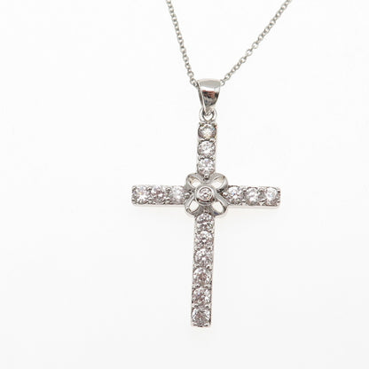 925 Sterling Silver Round-Cut C Z Floral Cross Cable Chain Necklace 18"