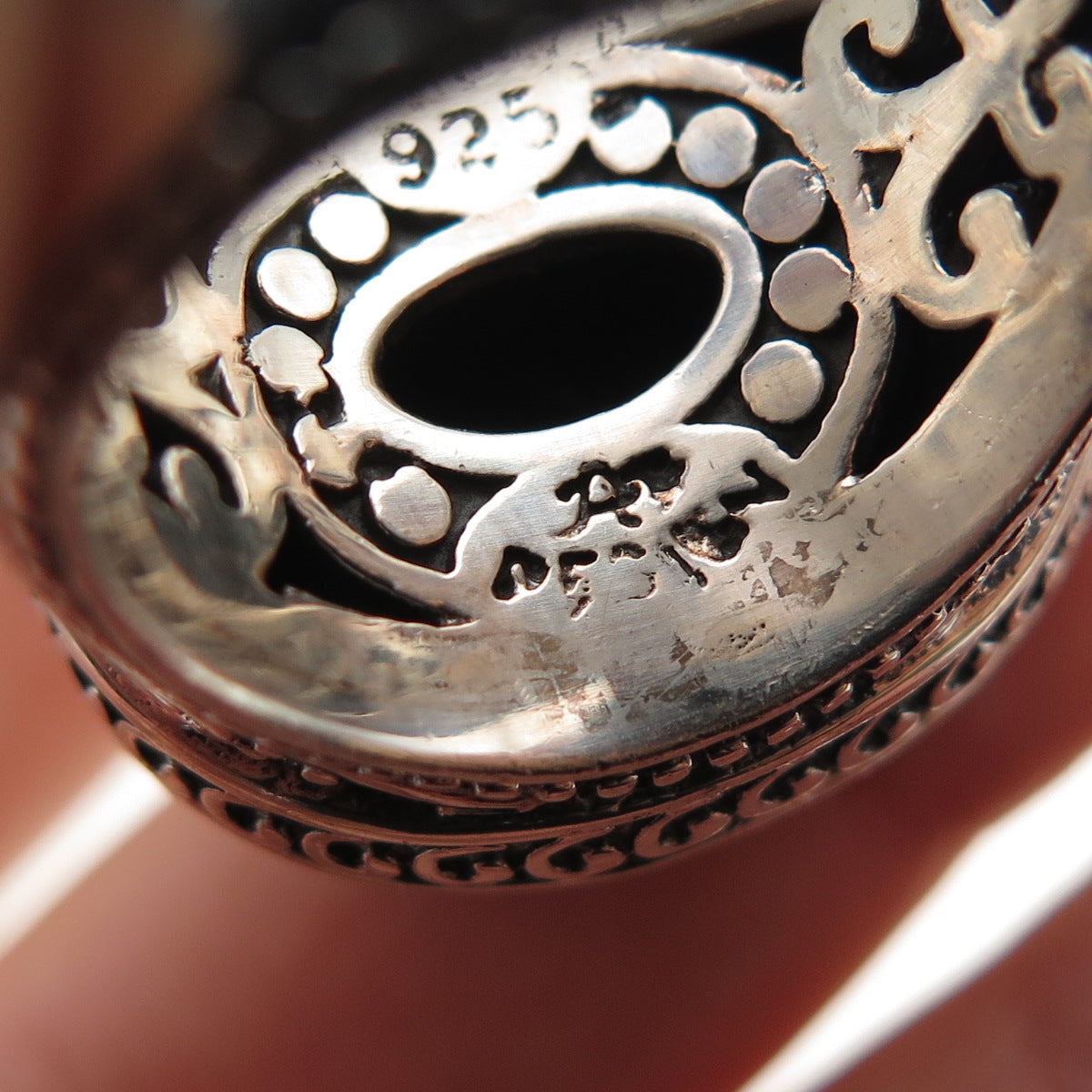 AF DESIGN 925 Sterling Silver Vintage Real Black Onyx Swirl Oxidized Ring Size 8