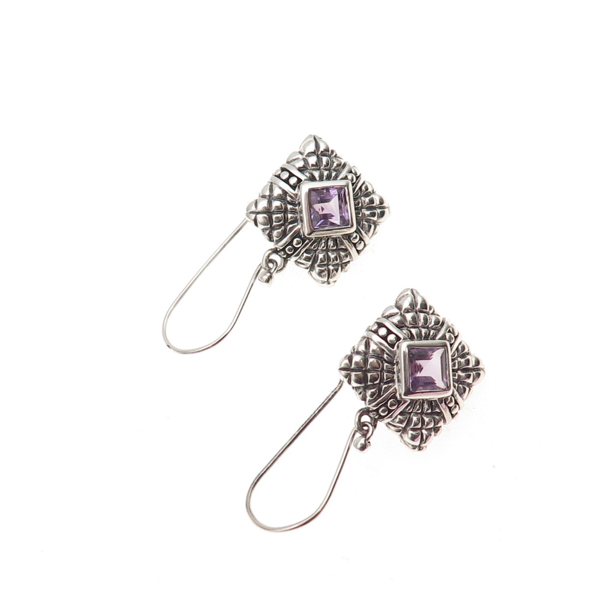 925 Sterling Silver Vintage Real Amethyst Oxidized Dangle Earrings