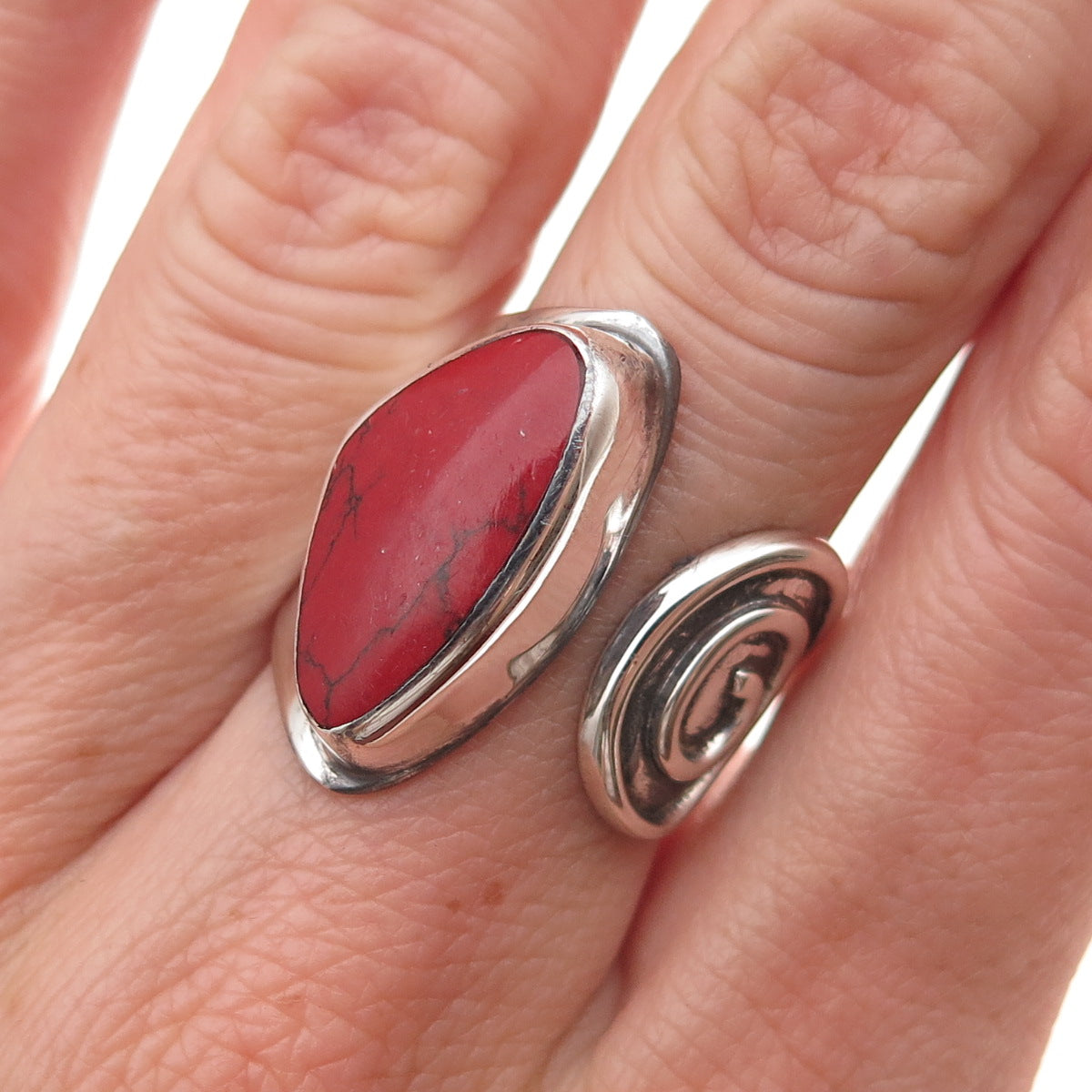 925 Sterling Silver Vintage HOB Mexico Real Red Jasper Adjustable Ring Size 7.5