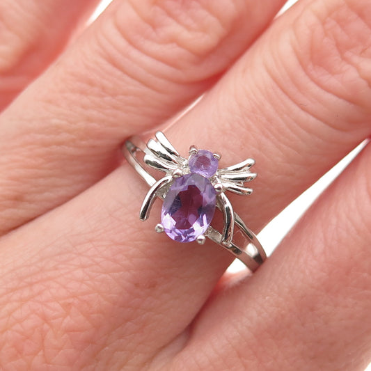 925 Sterling Silver Vintage Real Oval & Round-Cut Amethyst Bee Ring Size 8
