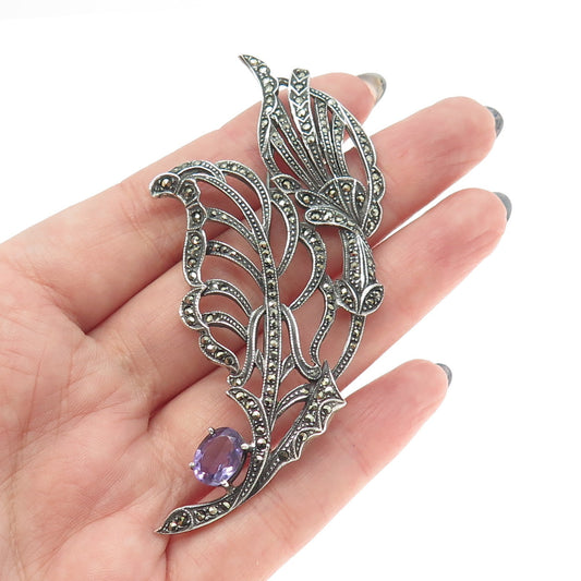 925 Sterling Silver Vintage Real Amethyst & Marcasite Floral Pin Brooch