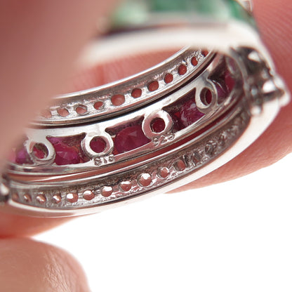 Chuck Clemency 925 Sterling Real Ruby Topaz Emerald Rotating Band Ring Size 7.5