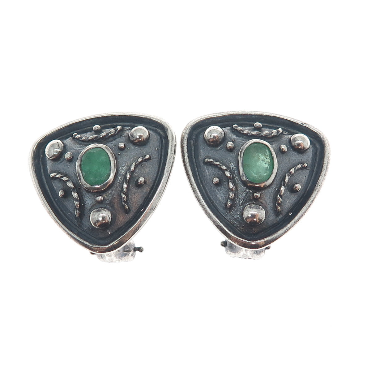 925 Sterling Silver Vintage Real Emerald Modernist Oxidized Clip On Earrings