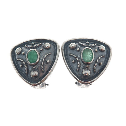 925 Sterling Silver Vintage Real Emerald Modernist Oxidized Clip On Earrings