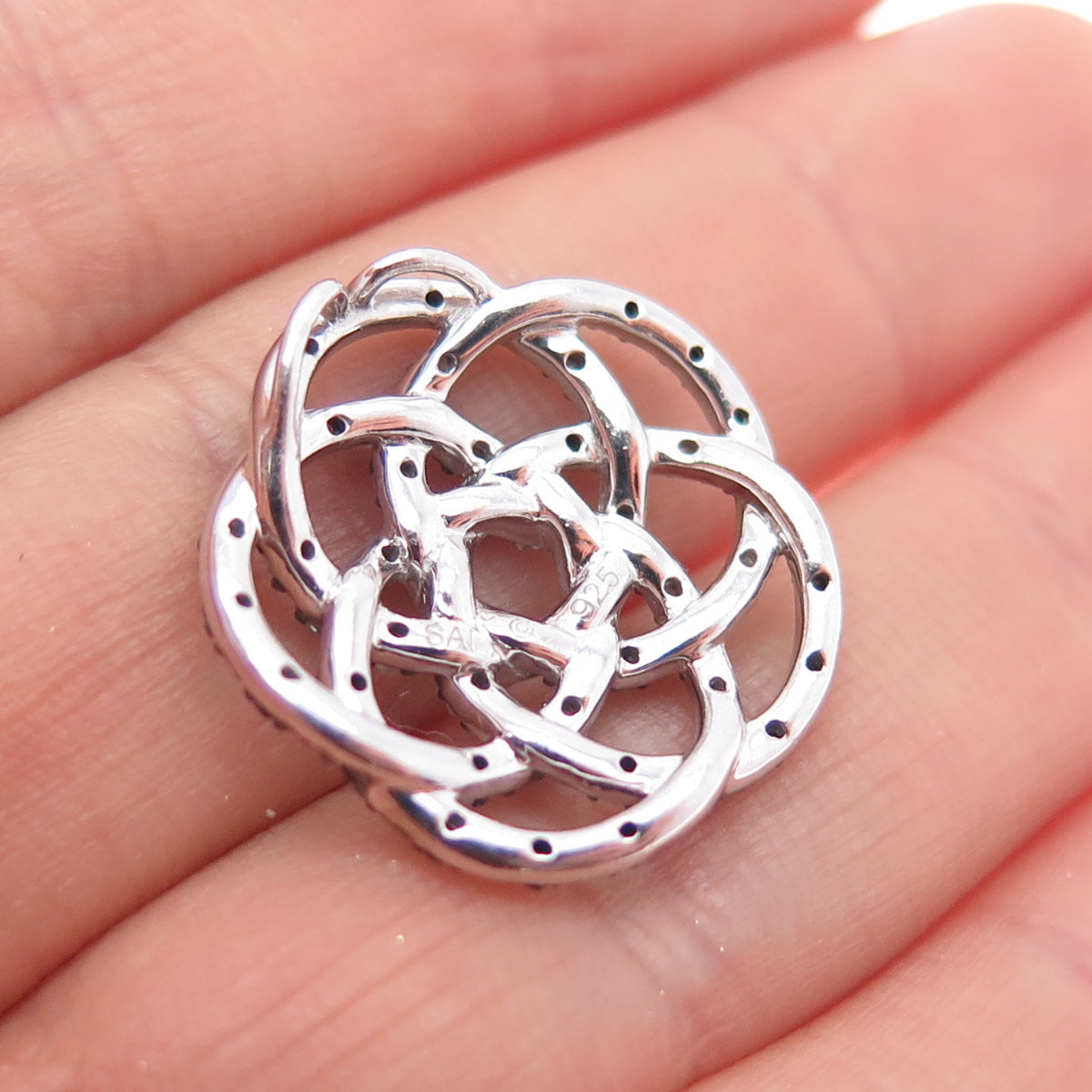 SAI 925 Sterling Silver Real Black & White Diamond Flower Slide Charm Pendant