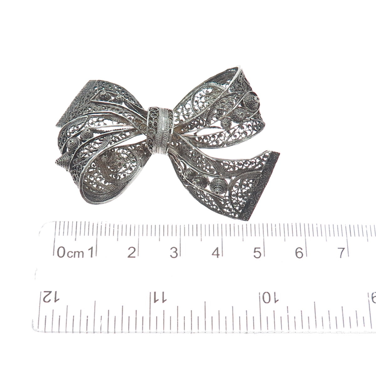 835 Silver Antique Sweden Filigree Ribbon Bow Oxidized Pin Brooch