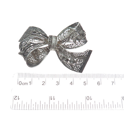 835 Silver Antique Sweden Filigree Ribbon Bow Oxidized Pin Brooch