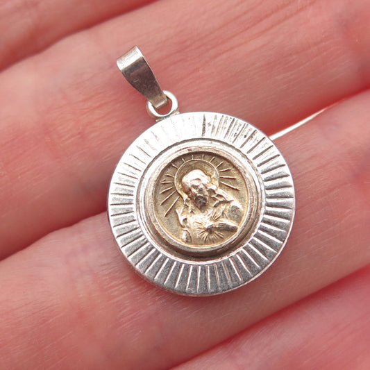 925 Sterling Silver 2-Tone Vintage Jesus Sacred Heart St. Mary Charm Pendant
