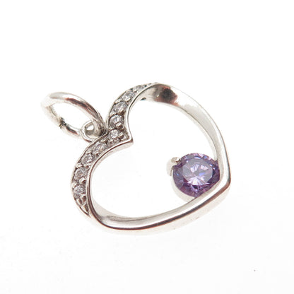 925 Sterling Silver Round-Cut Purple & White C Z Heart Mini Charm Pendant