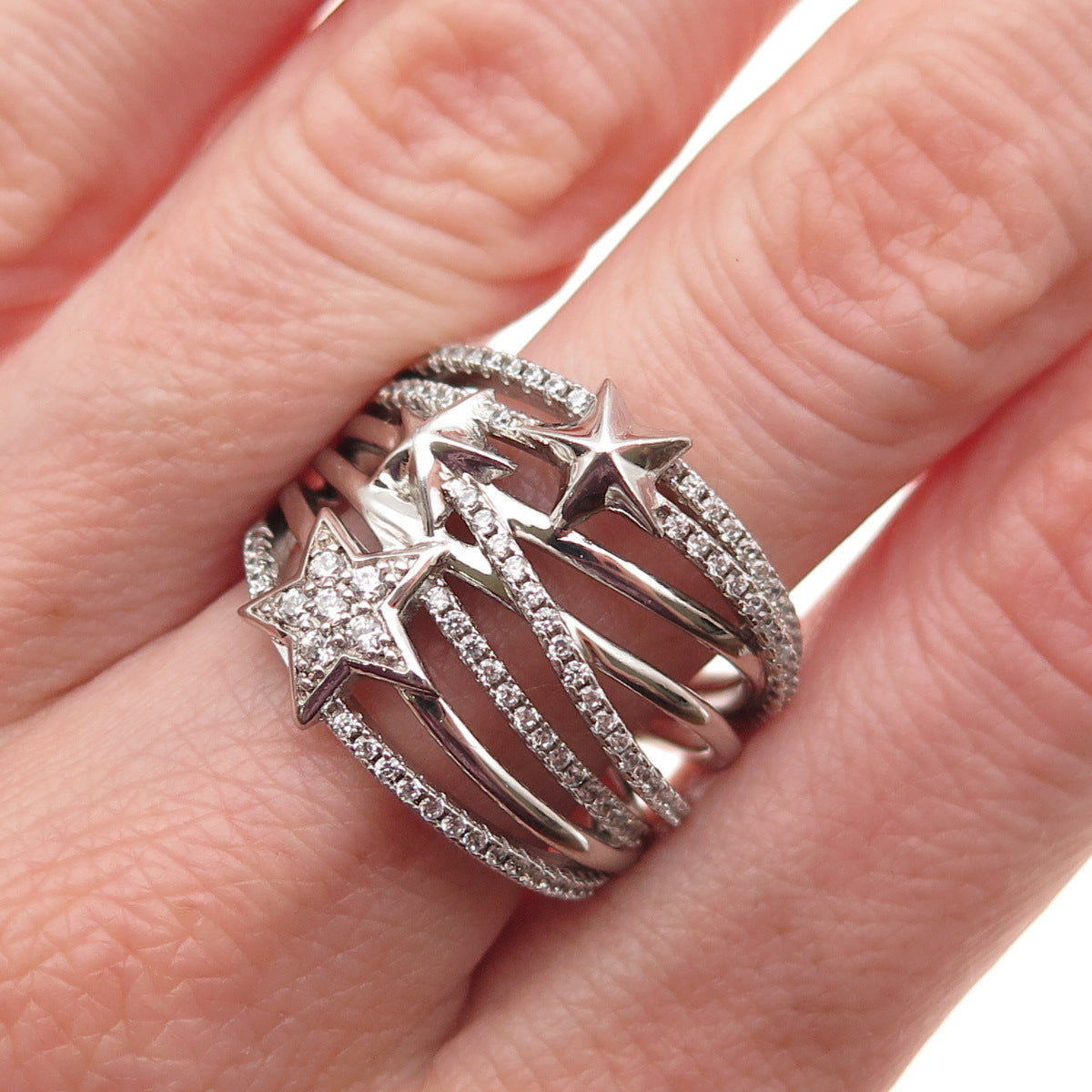 925 Sterling Silver Round-Cut C Z Star Multi-Row Ring Size 8