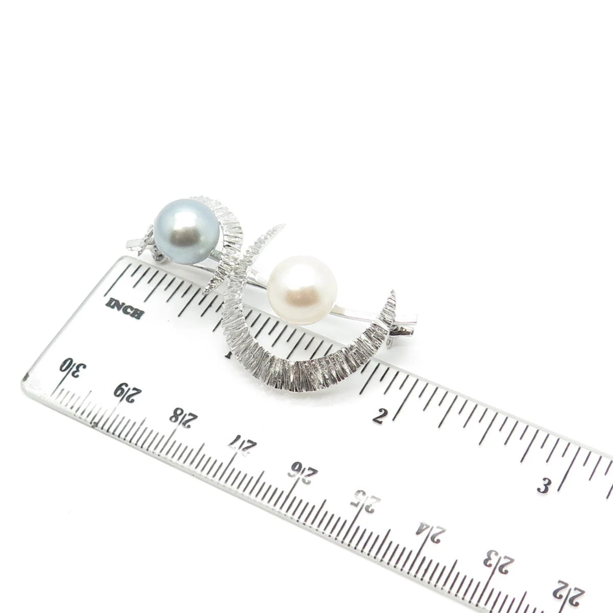 925 Sterling Silver Vintage Faux Cream & Gray Pearl Crescent Moon Pin Brooch