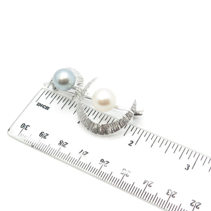 925 Sterling Silver Vintage Faux Cream & Gray Pearl Crescent Moon Pin Brooch