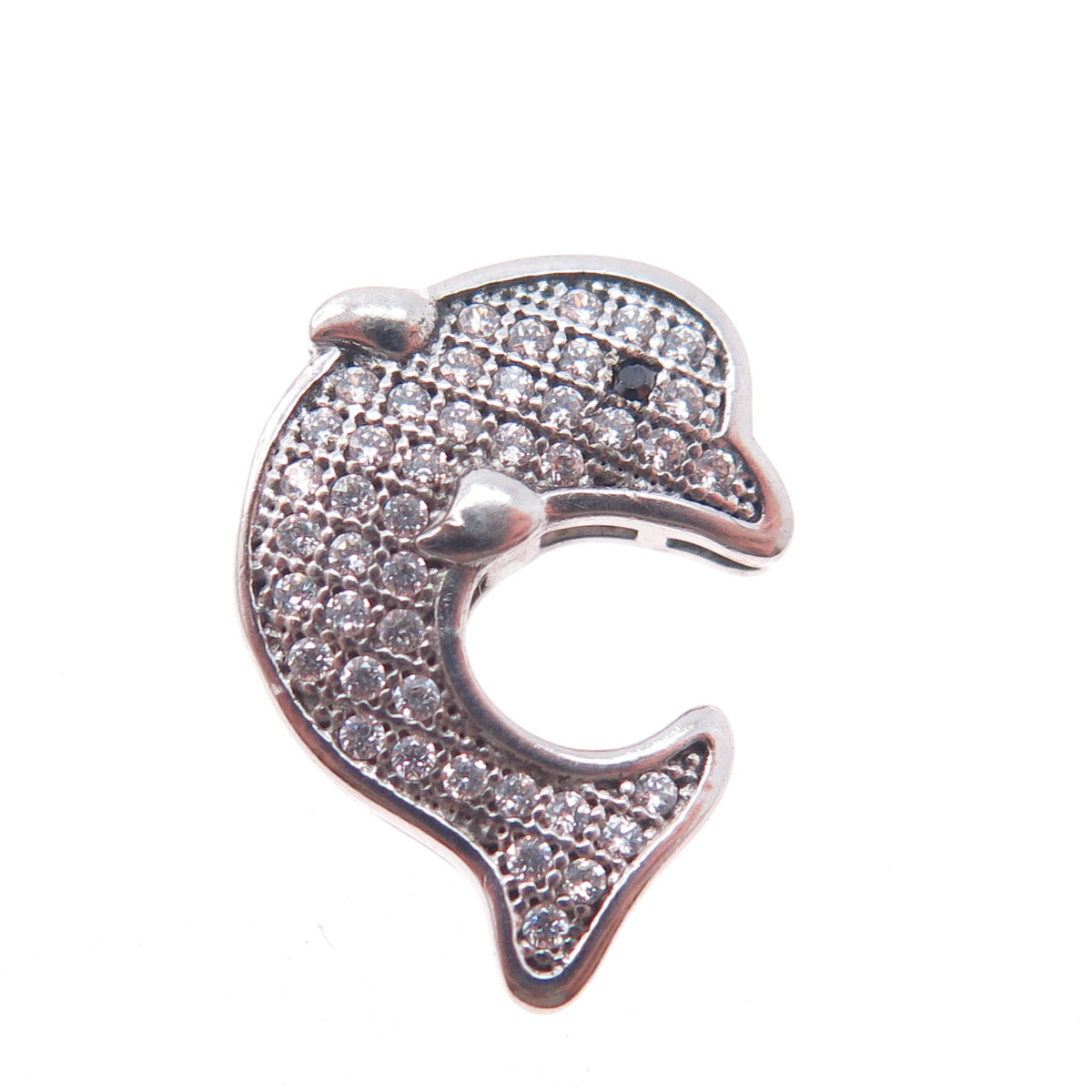 925 Sterling Silver Round-Cut Black & White C Z Dolphin Mini Slide Pendant