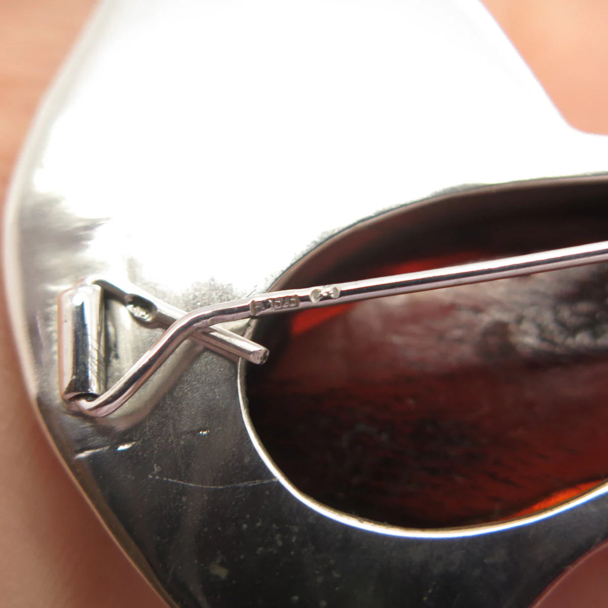 925 Sterling Silver Vintage Real Large Amber Modernist Pin Brooch