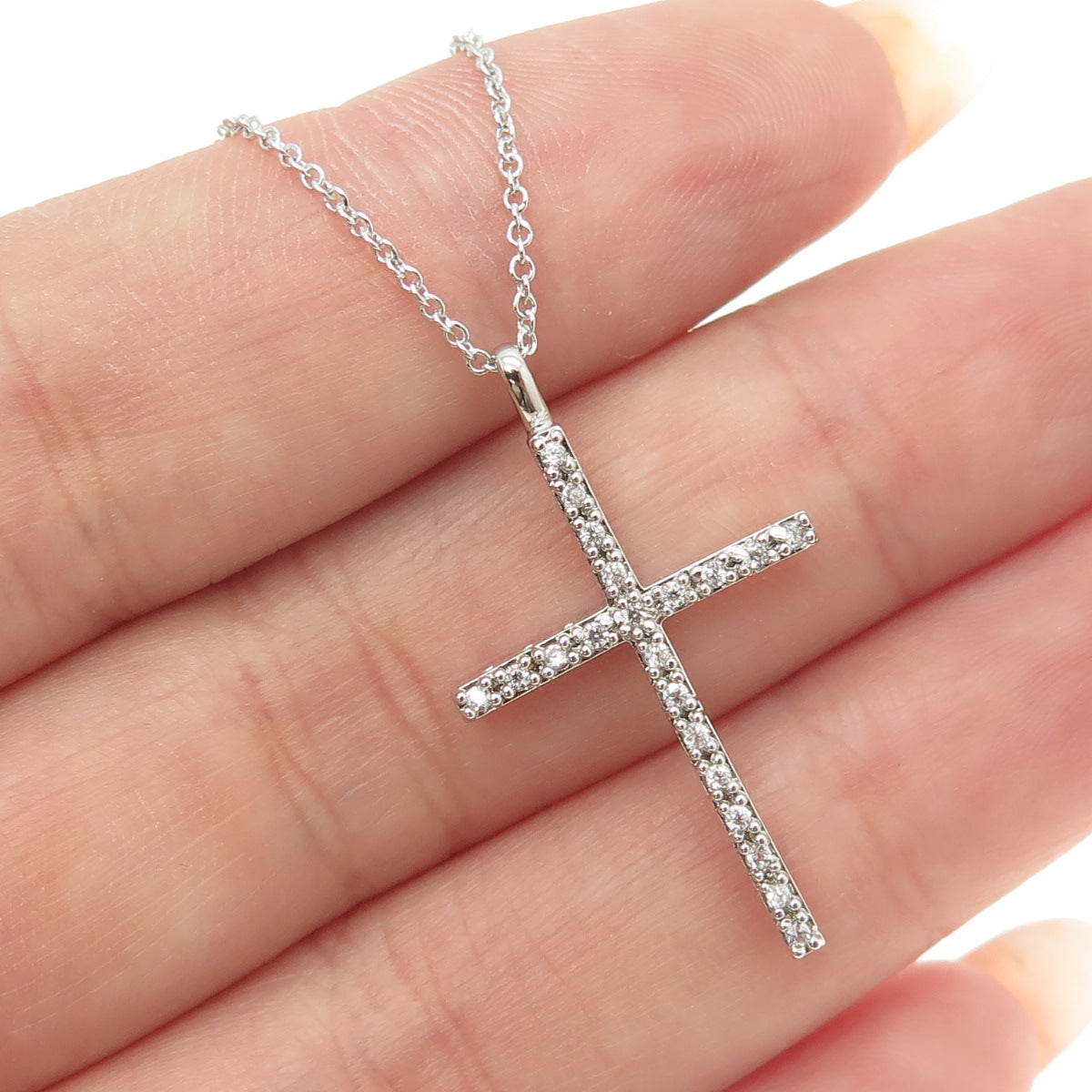 925 Sterling Silver Round-Cut C Z Cross Cable Chain Necklace 16-18"