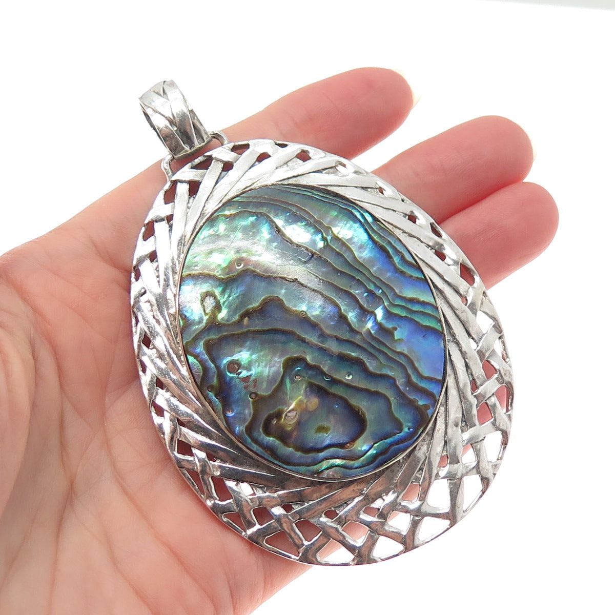 925 Sterling Silver Vintage Real Abalone Shell Ornate Large Teardrop Pendant