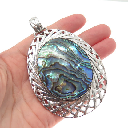925 Sterling Silver Vintage Real Abalone Shell Ornate Large Teardrop Pendant