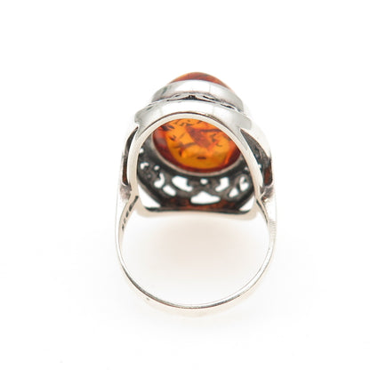 VALERIO V8 925 Sterling Silver Vintage Poland Real Amber Modernist Ring Size 6