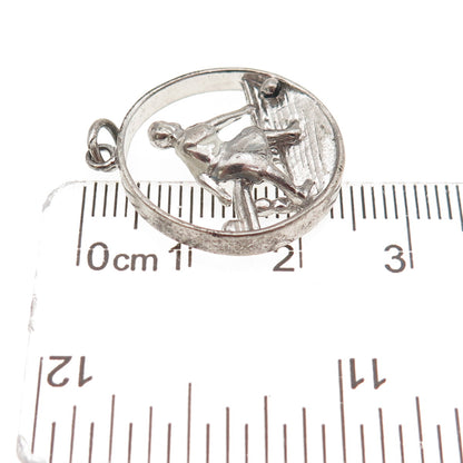 925 Sterling Silver Vintage Female Bowling Player Oxidized Charm Pendant