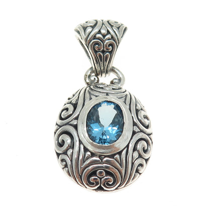 925 Sterling Silver Vintage Real Blue Topaz Gemstone Ornate Pendant