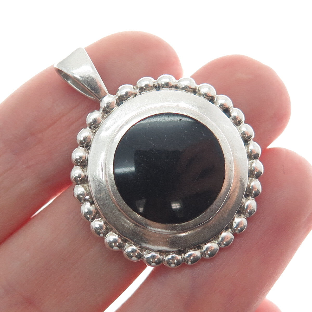 PB PAUL BRACKNA 925 Sterling Silver Vintage Black Onyx Gem Beaded Frame Pendant