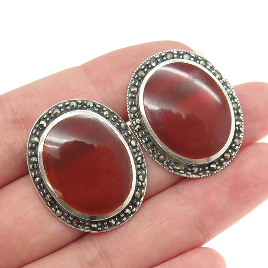 925 Sterling Silver Vintage Real Carnelian & Marcasite Gemstone Earrings