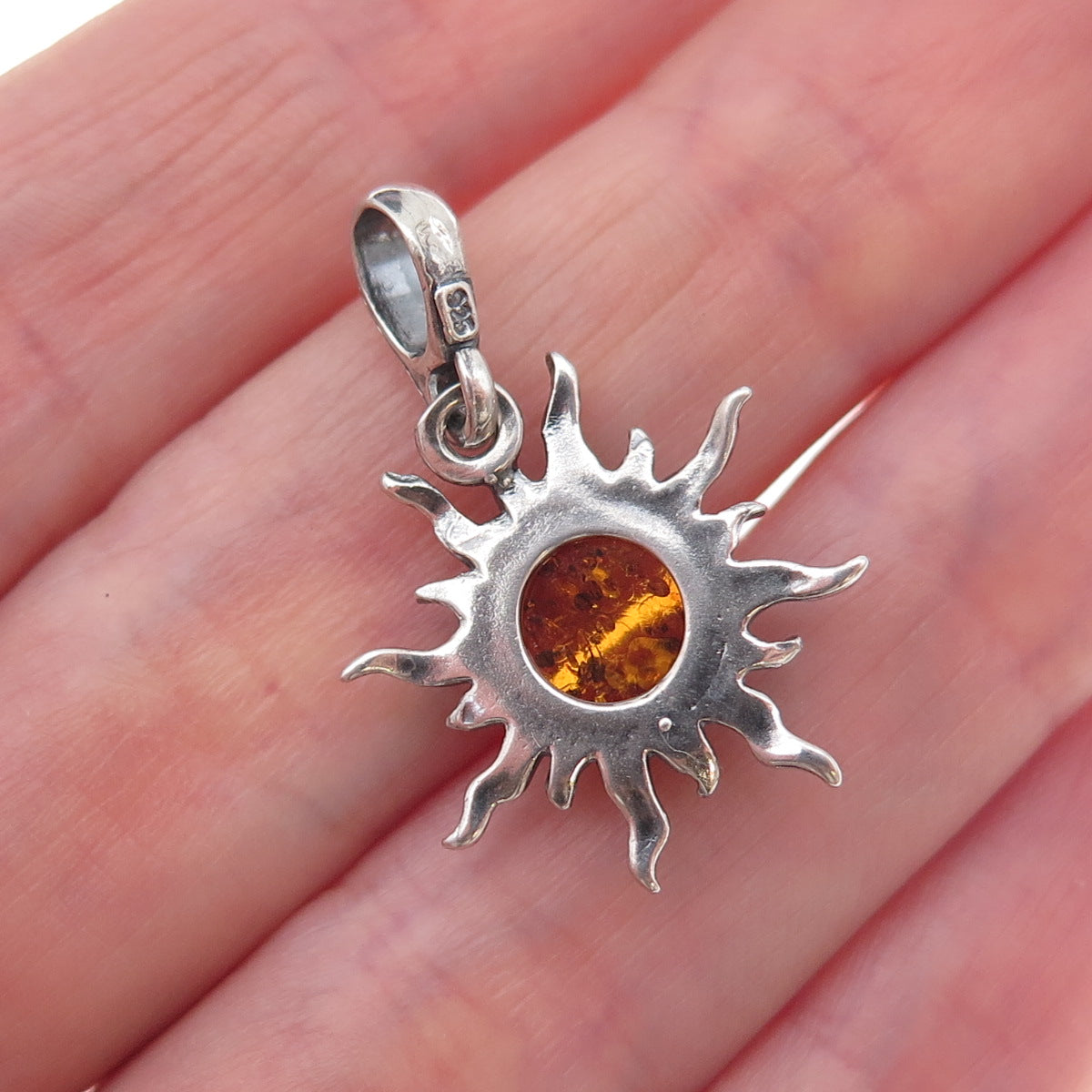 925 Sterling Silver Vintage Poland Real Amber Sun Oxidized Charm Pendant