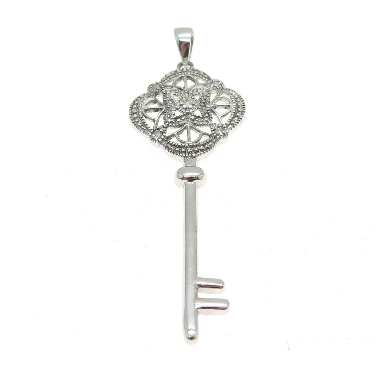 925 Sterling Silver Real Round-Cut Diamond Floral Key Pendant