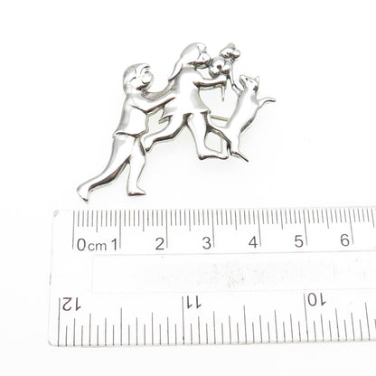 925 Sterling Silver Vintage Children & Dog Oxidized Pin Brooch