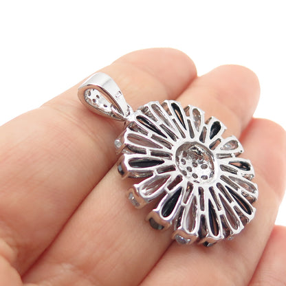 925 Sterling Silver Black & White C Z Daisy Flower Charm Pendant