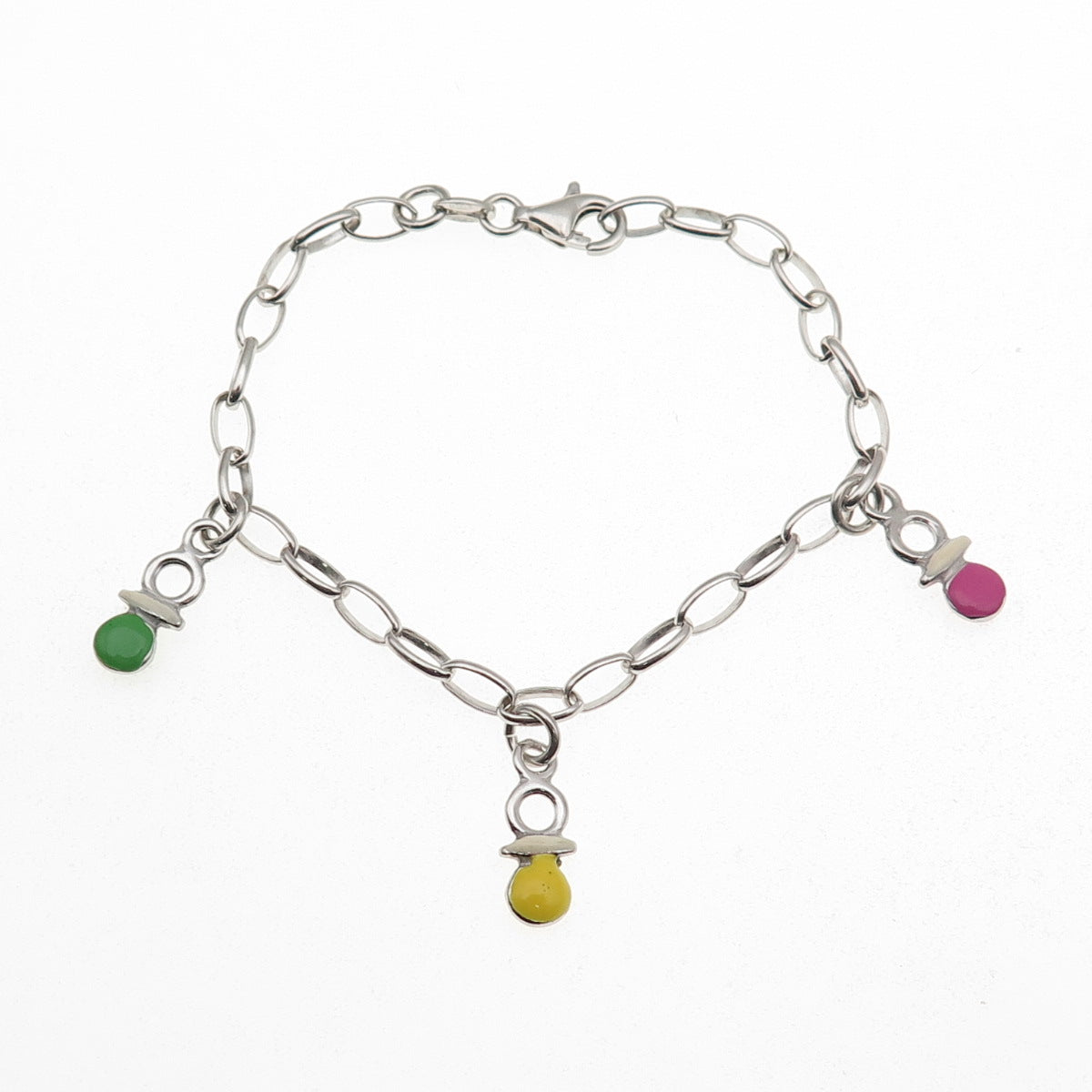 925 Sterling Italy Enamel Baby Pacifier Dangle Charm Oval Link Bracelet 5.75"