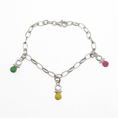 925 Sterling Italy Enamel Baby Pacifier Dangle Charm Oval Link Bracelet 5.75"